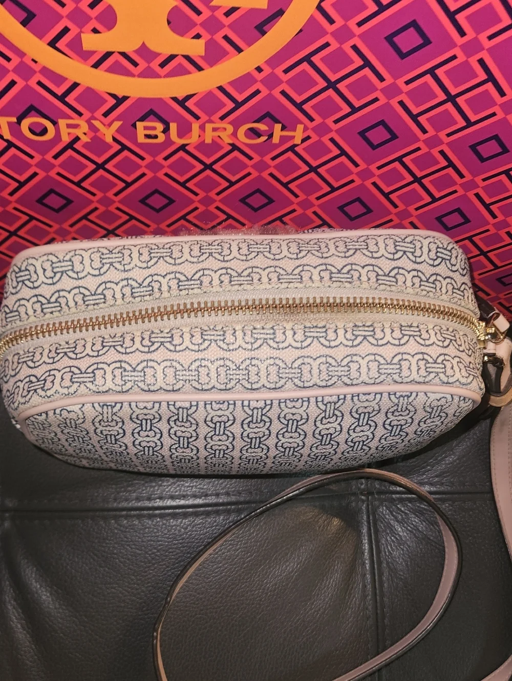Tory Burch Blue and Cream Striped Jacquard Crossbody Camera Bag - Picture 7 of 8